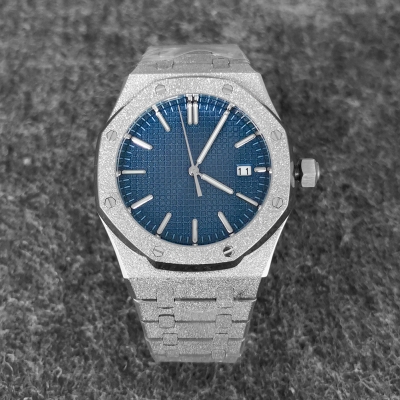 42mm Frost Stainless Steel Case Strap Dial Hands Sapphire Glass Waterproof for AP Royal Oak Mod Watch Silver Blue