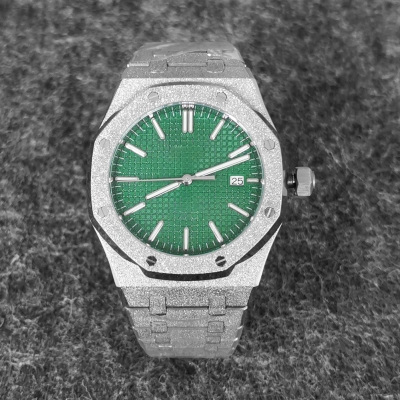 42mm Frost Stainless Steel Case Strap Dial Hands Sapphire Glass Waterproof for AP Royal Oak Mod Watch Silver Green